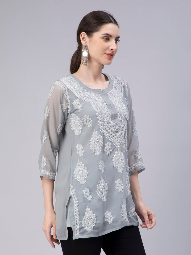 Seva Chikan Hand Embroidered Georgette Lucknowi Chikankari Top With Slip