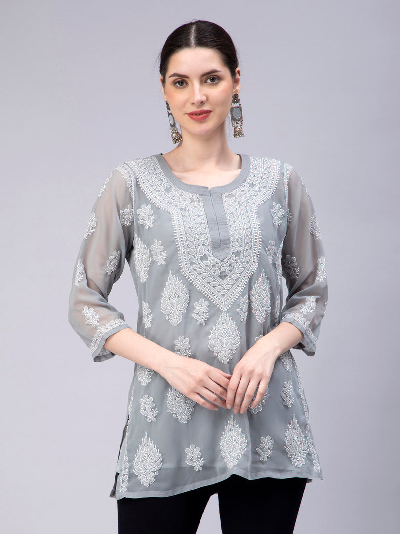 Seva Chikan Hand Embroidered Georgette Lucknowi Chikankari Top With Slip