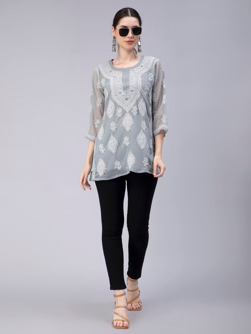 Seva Chikan Hand Embroidered Georgette Lucknowi Chikankari Top With Slip