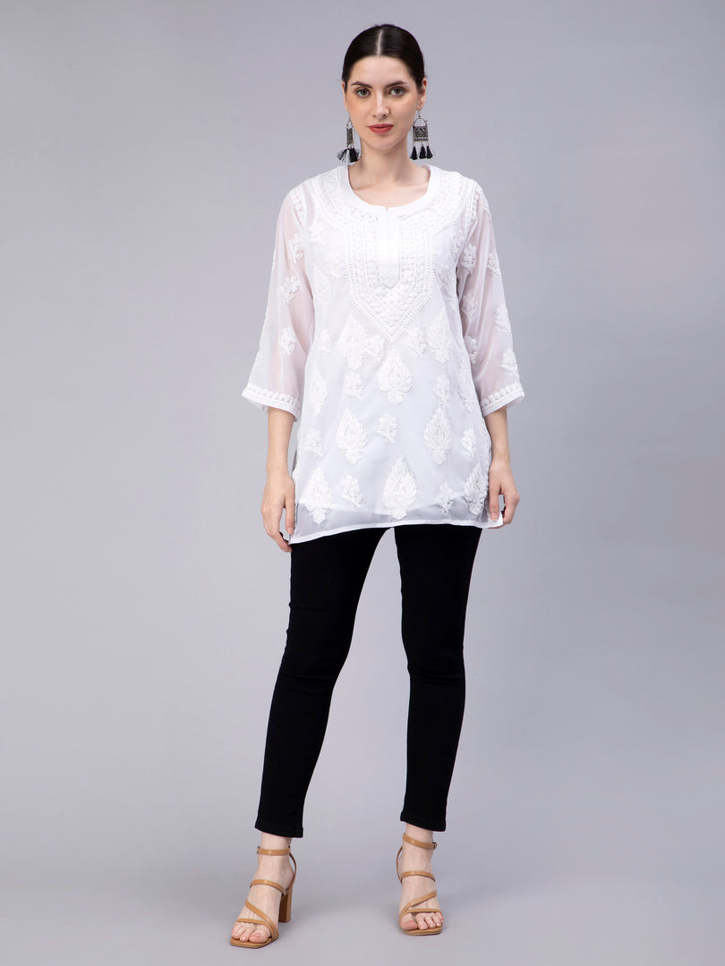 Seva Chikan Hand Embroidered Georgette Lucknowi Chikankari Top With Slip