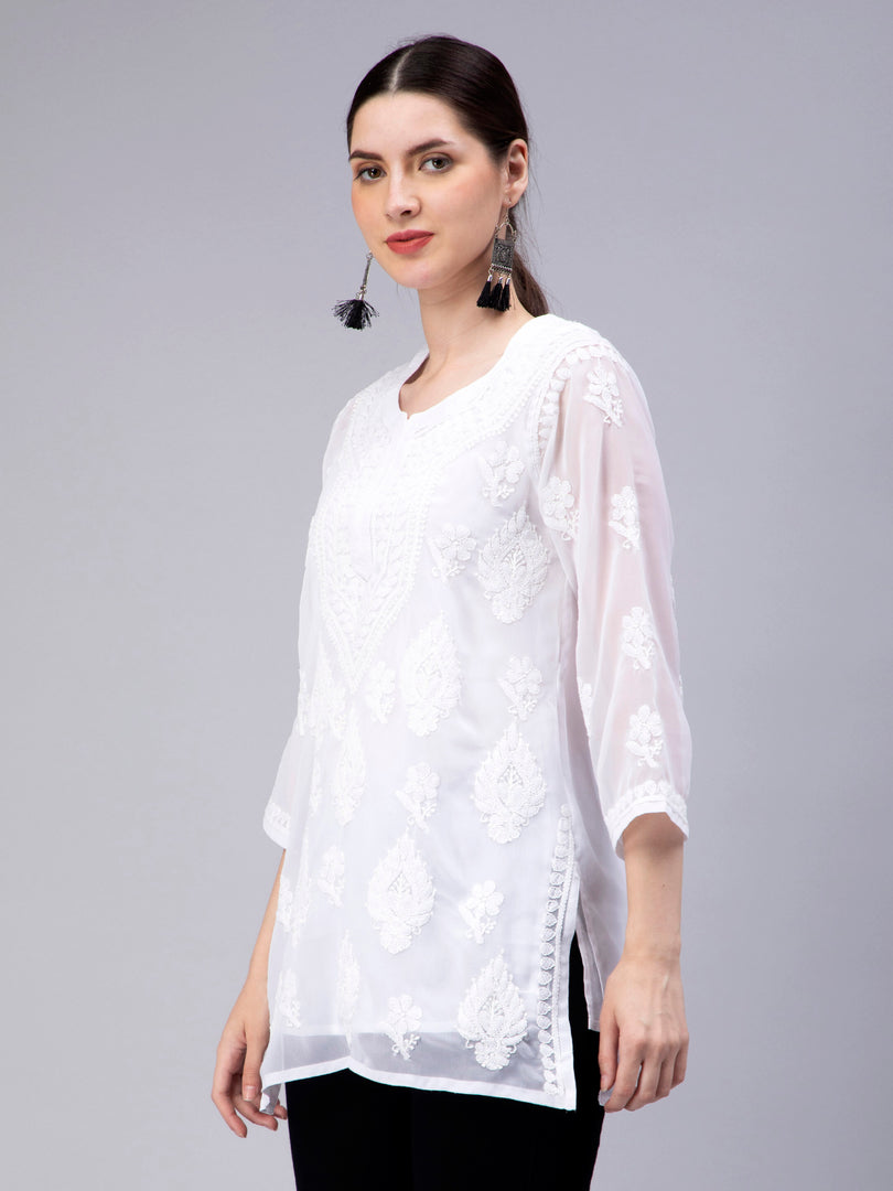 Seva Chikan Hand Embroidered Georgette Lucknowi Chikankari Top With Slip
