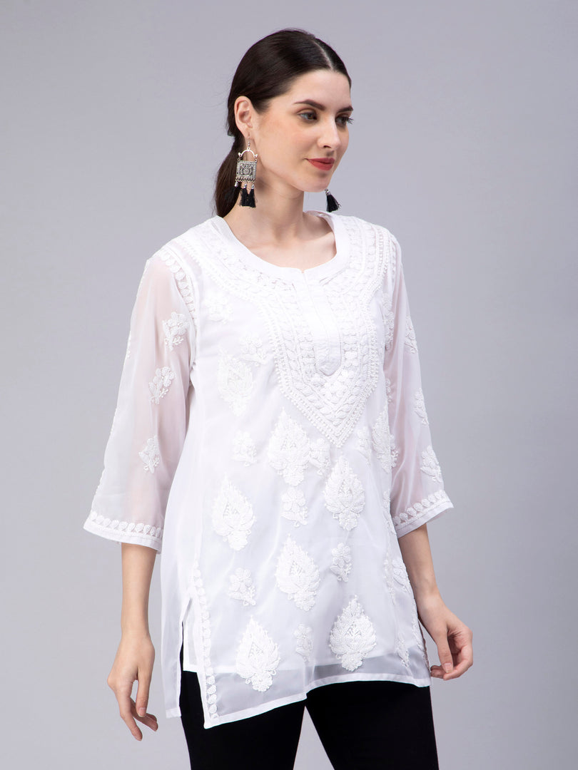 Seva Chikan Hand Embroidered Georgette Lucknowi Chikankari Top With Slip