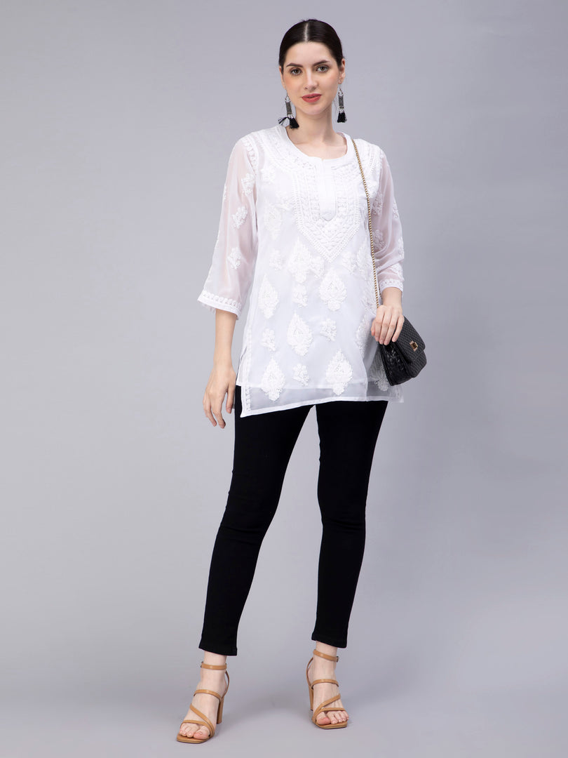 Seva Chikan Hand Embroidered Georgette Lucknowi Chikankari Top With Slip