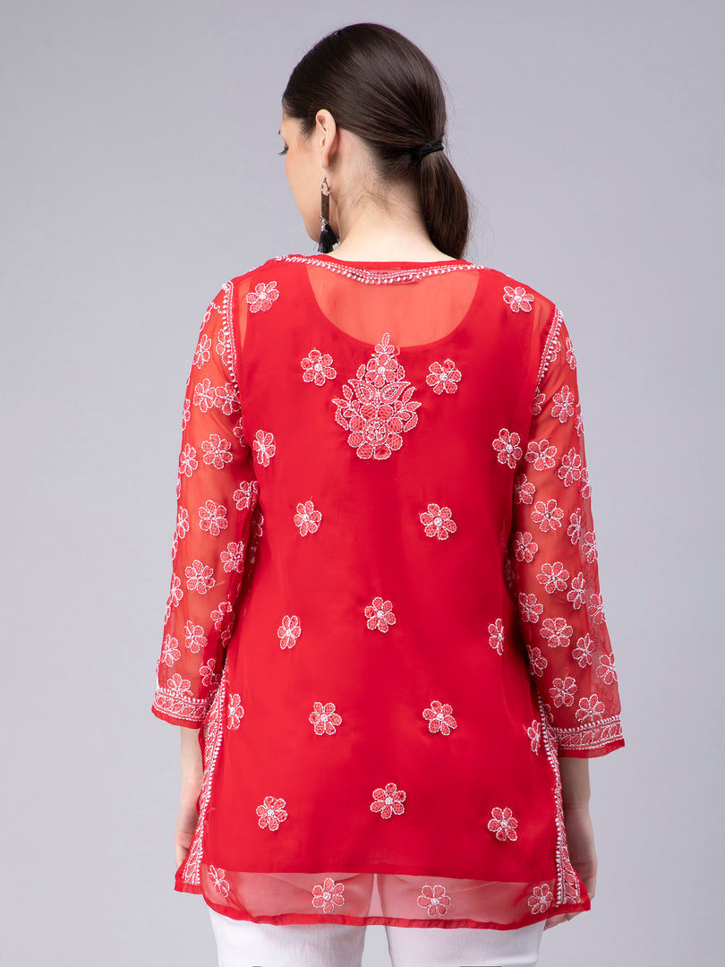 Seva Chikan Hand Embroidered Georgette Lucknowi Chikan Top With Slip