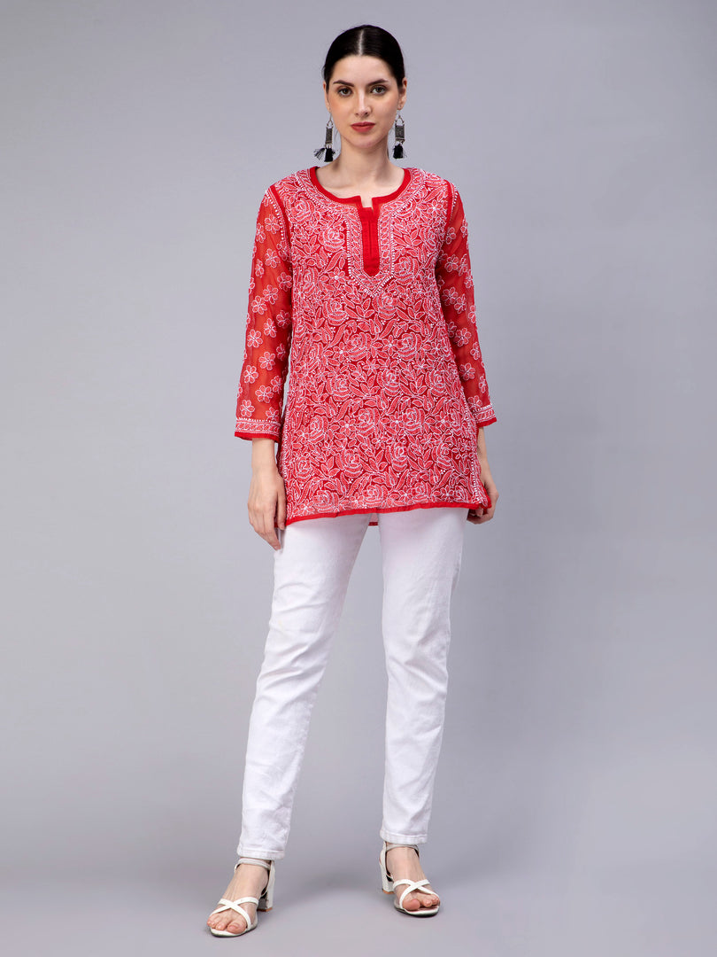 Seva Chikan Hand Embroidered Georgette Lucknowi Chikan Top With Slip