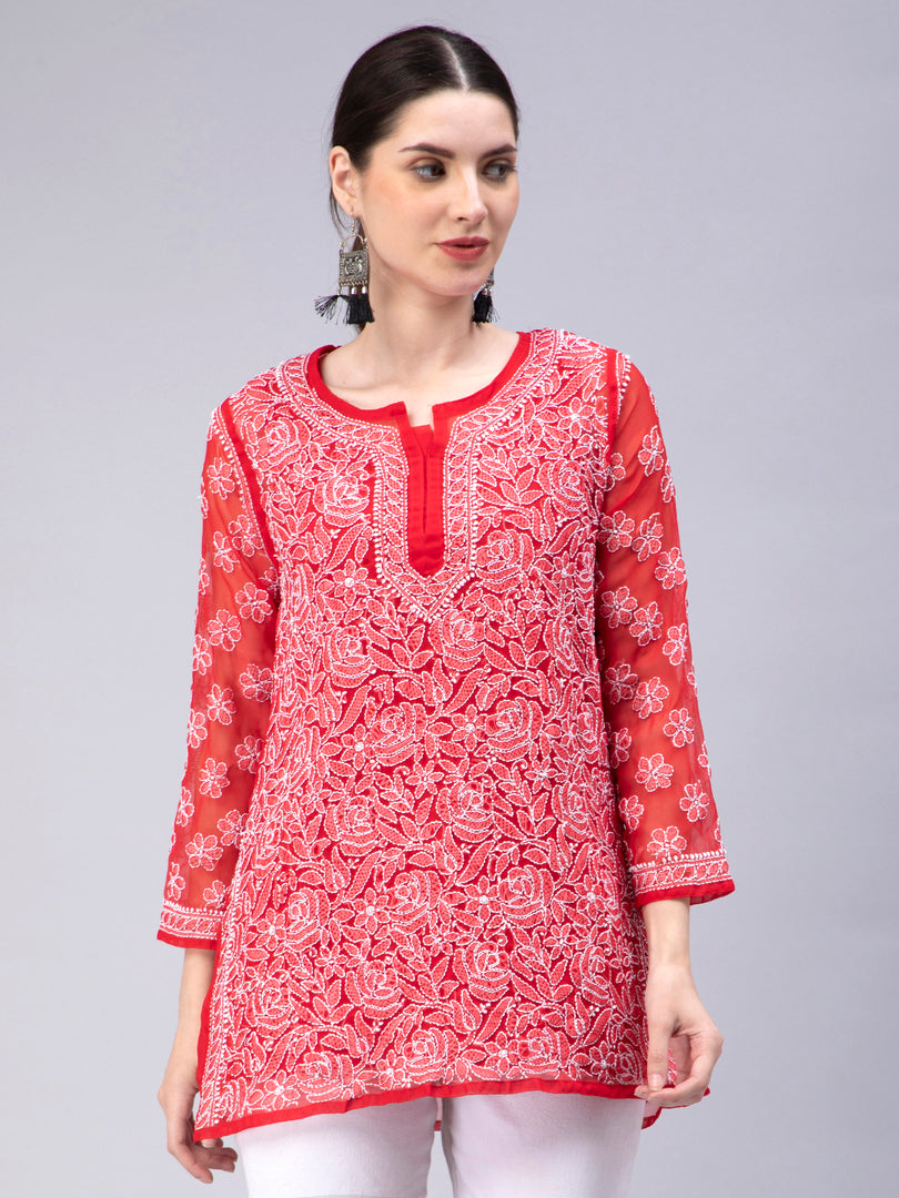 Seva Chikan Hand Embroidered Georgette Lucknowi Chikan Top With Slip