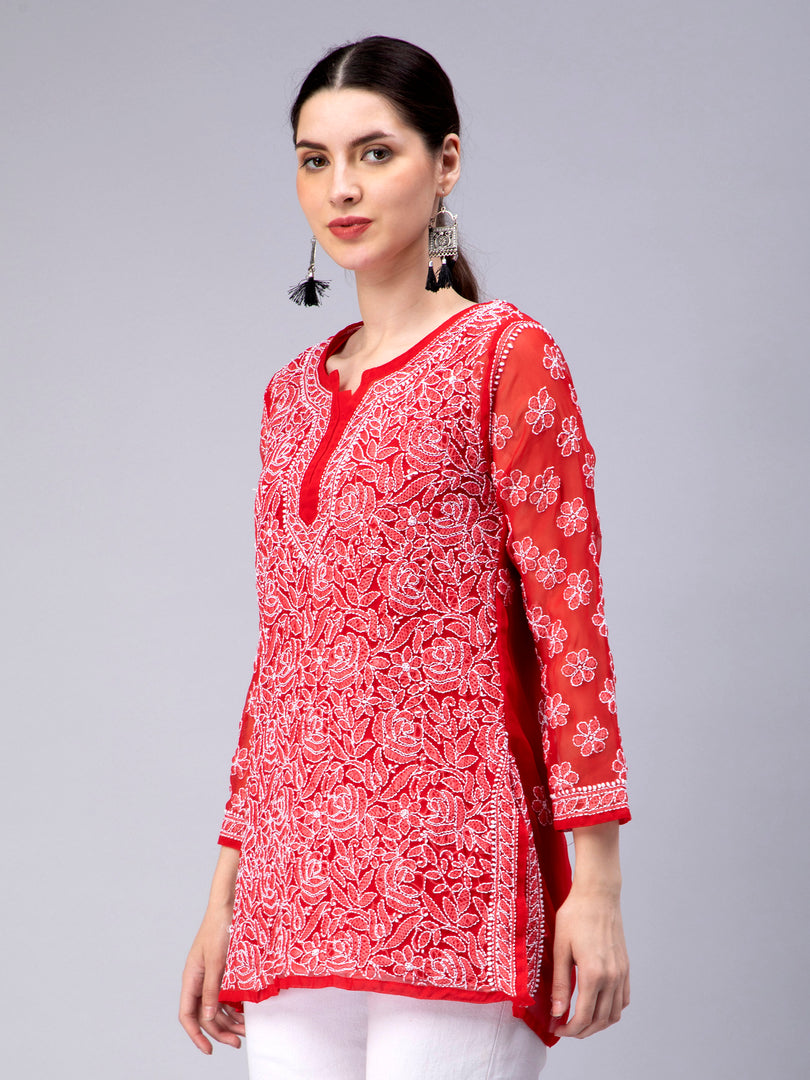 Seva Chikan Hand Embroidered Georgette Lucknowi Chikan Top With Slip