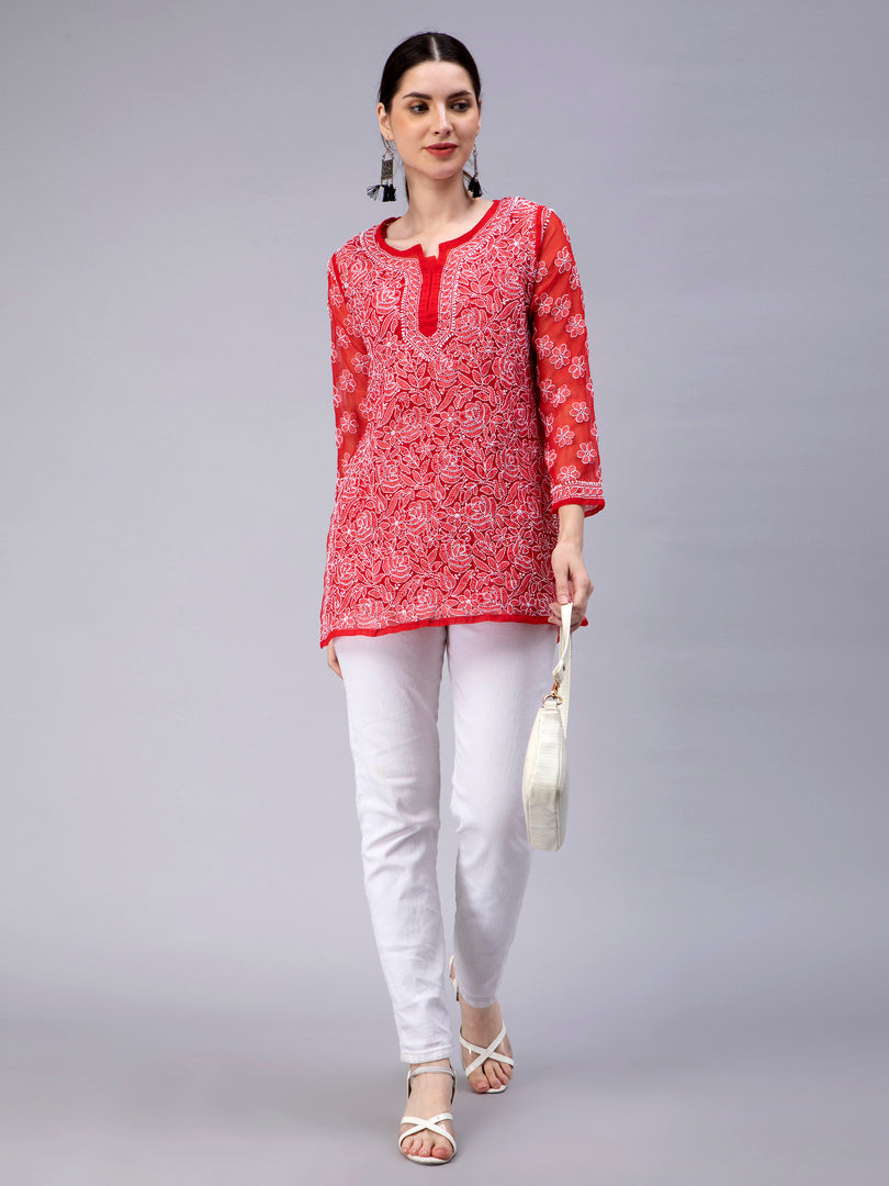 Seva Chikan Hand Embroidered Georgette Lucknowi Chikan Top With Slip