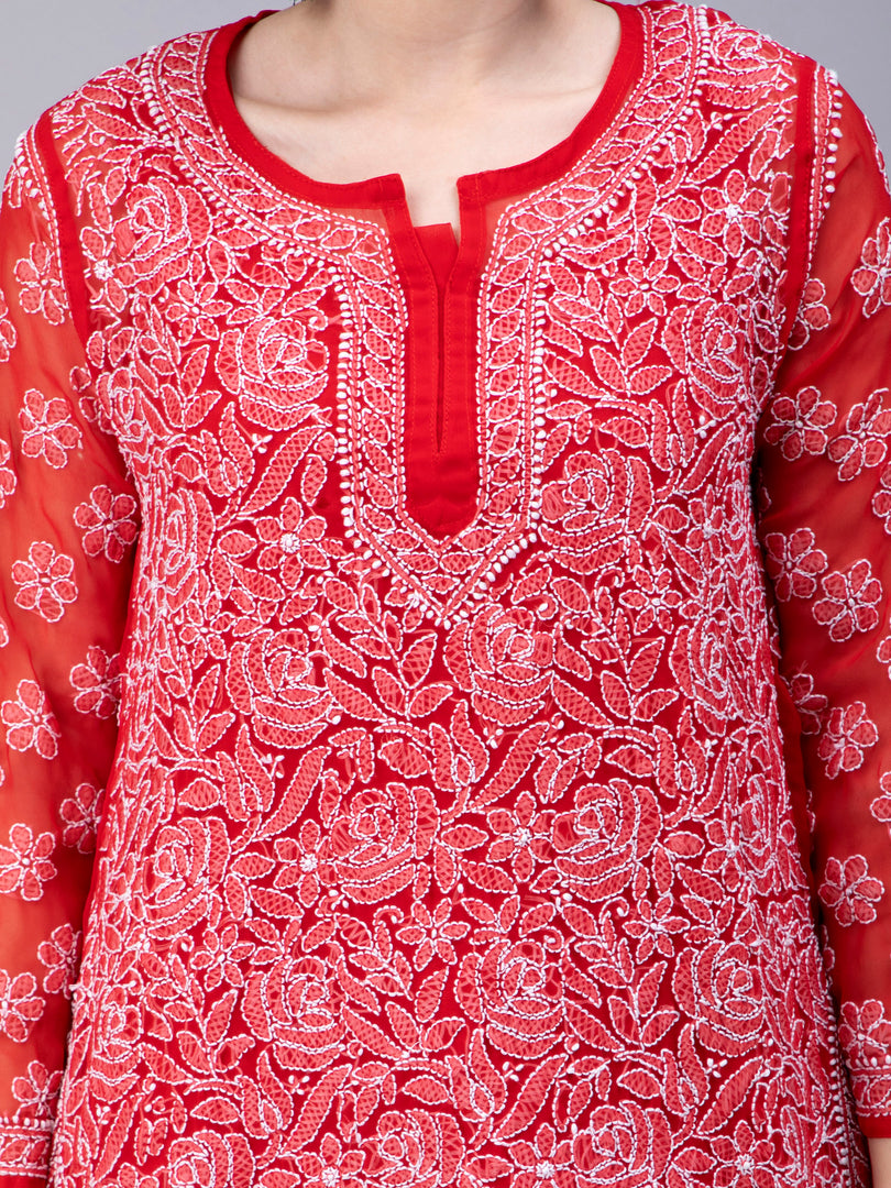 Seva Chikan Hand Embroidered Georgette Lucknowi Chikan Top With Slip