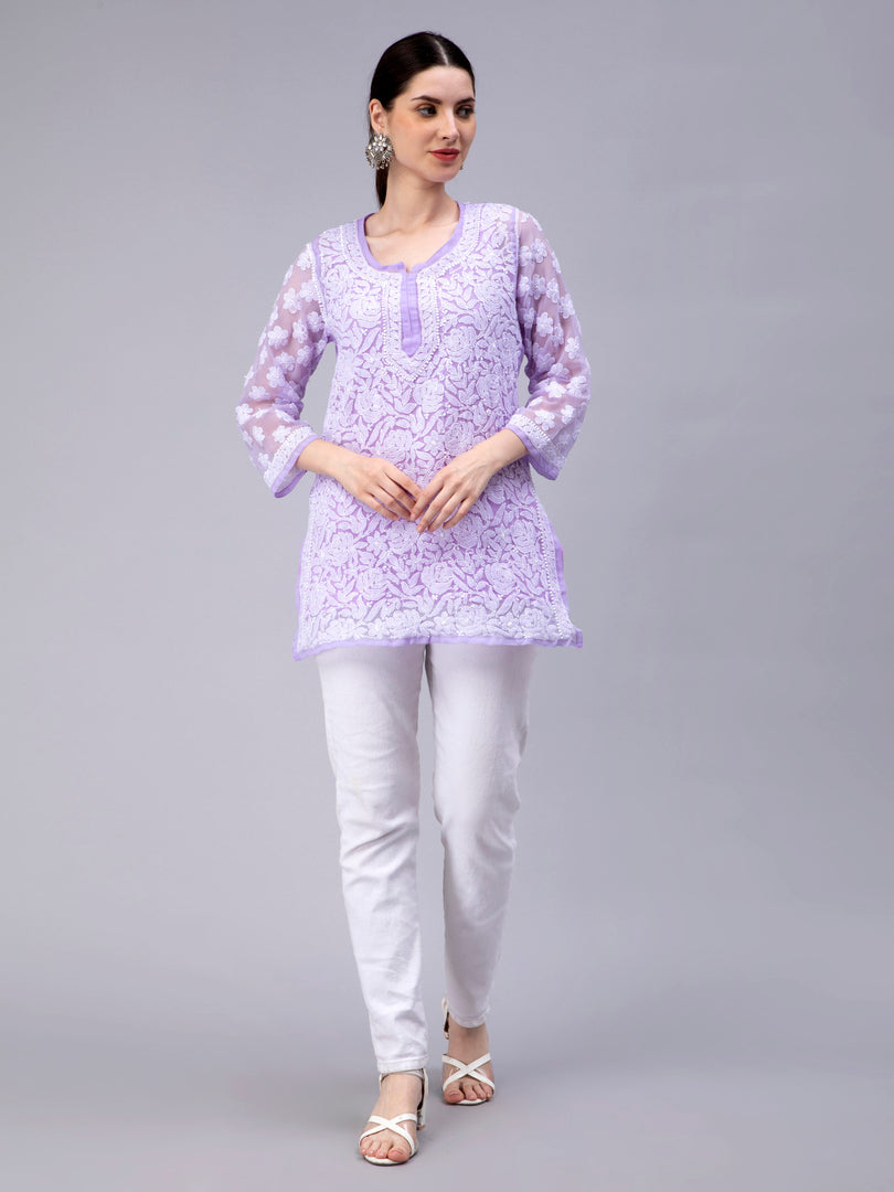 Seva Chikan Hand Embroidered Georgette Lucknowi Chikan Top With Slip