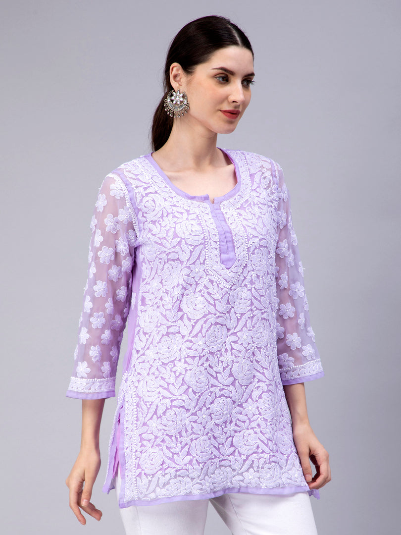 Seva Chikan Hand Embroidered Georgette Lucknowi Chikan Top With Slip