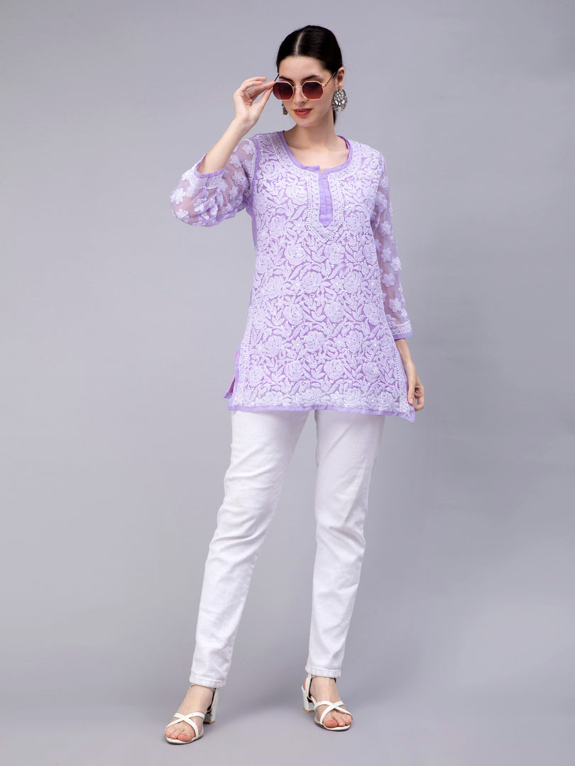Seva Chikan Hand Embroidered Georgette Lucknowi Chikan Top With Slip
