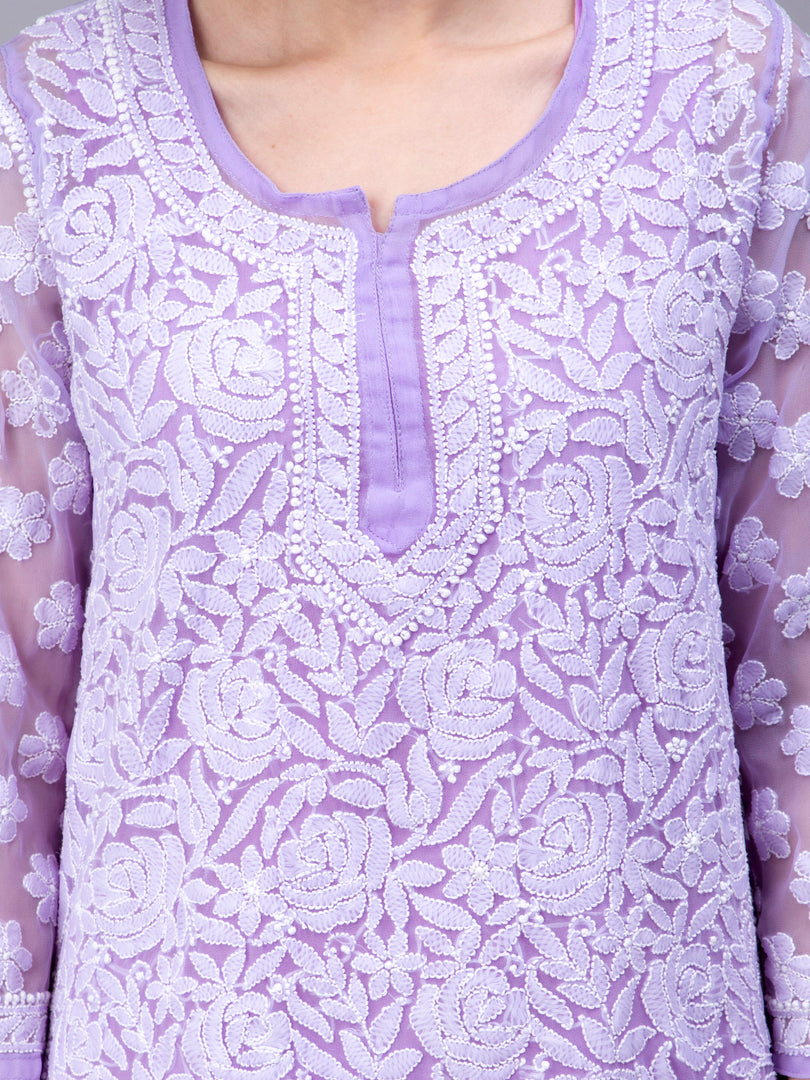 Seva Chikan Hand Embroidered Georgette Lucknowi Chikan Top With Slip