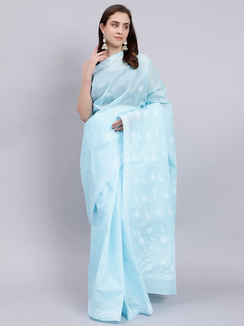 Seva Chikan Hand Embroidered Blue Terivoil Cotton Lucknowi Chikankari Saree- SCL6044
