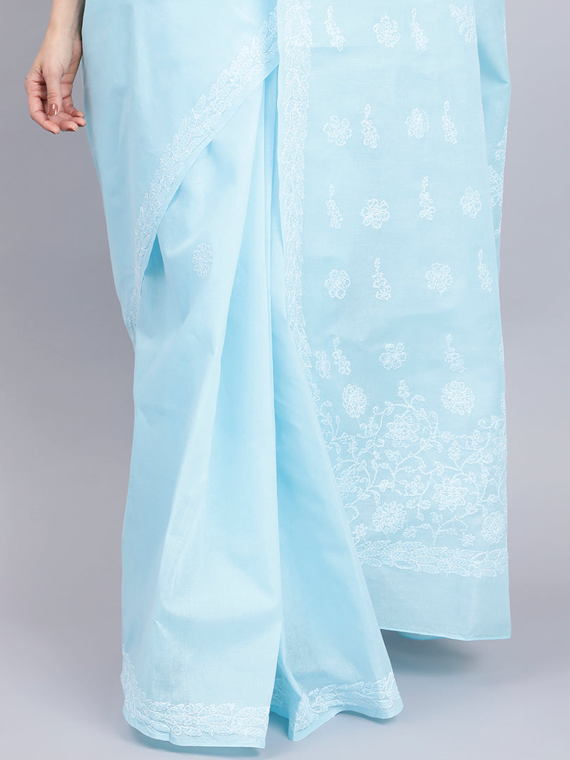 Seva Chikan Hand Embroidered Blue Terivoil Cotton Lucknowi Chikankari Saree- SCL6044