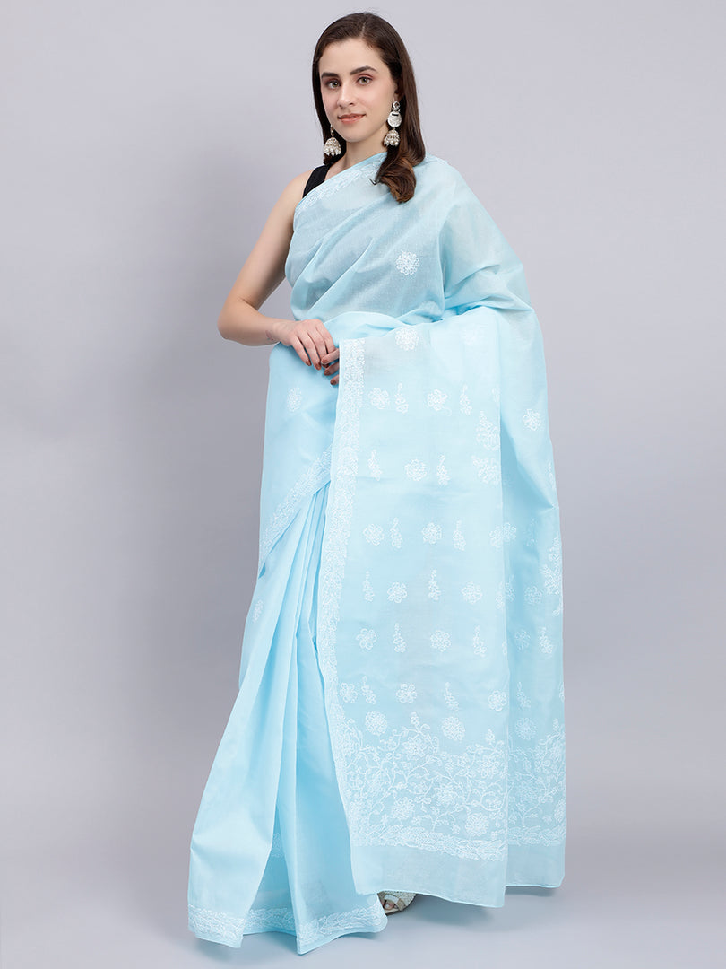 Seva Chikan Hand Embroidered Blue Terivoil Cotton Lucknowi Chikankari Saree- SCL6044