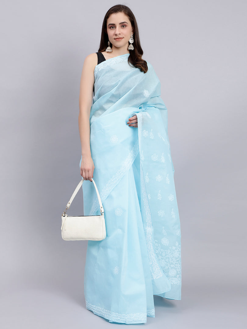 Seva Chikan Hand Embroidered Blue Terivoil Cotton Lucknowi Chikankari Saree- SCL6044