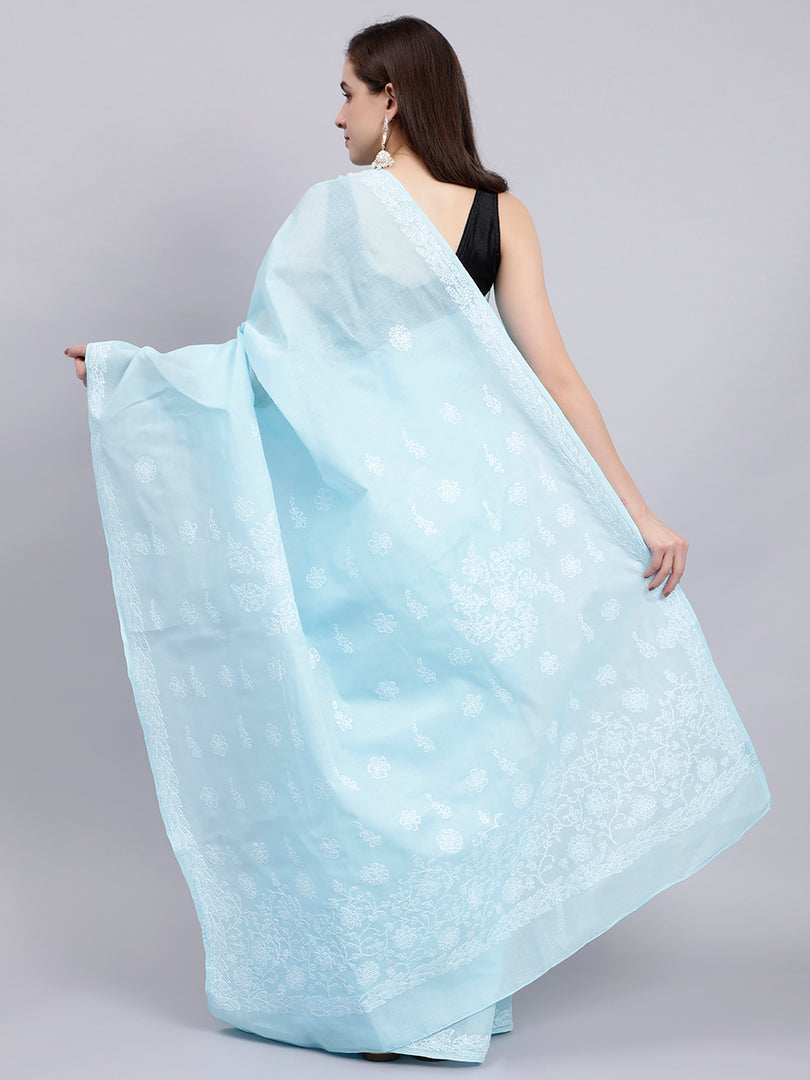 Seva Chikan Hand Embroidered Blue Terivoil Cotton Lucknowi Chikankari Saree- SCL6044