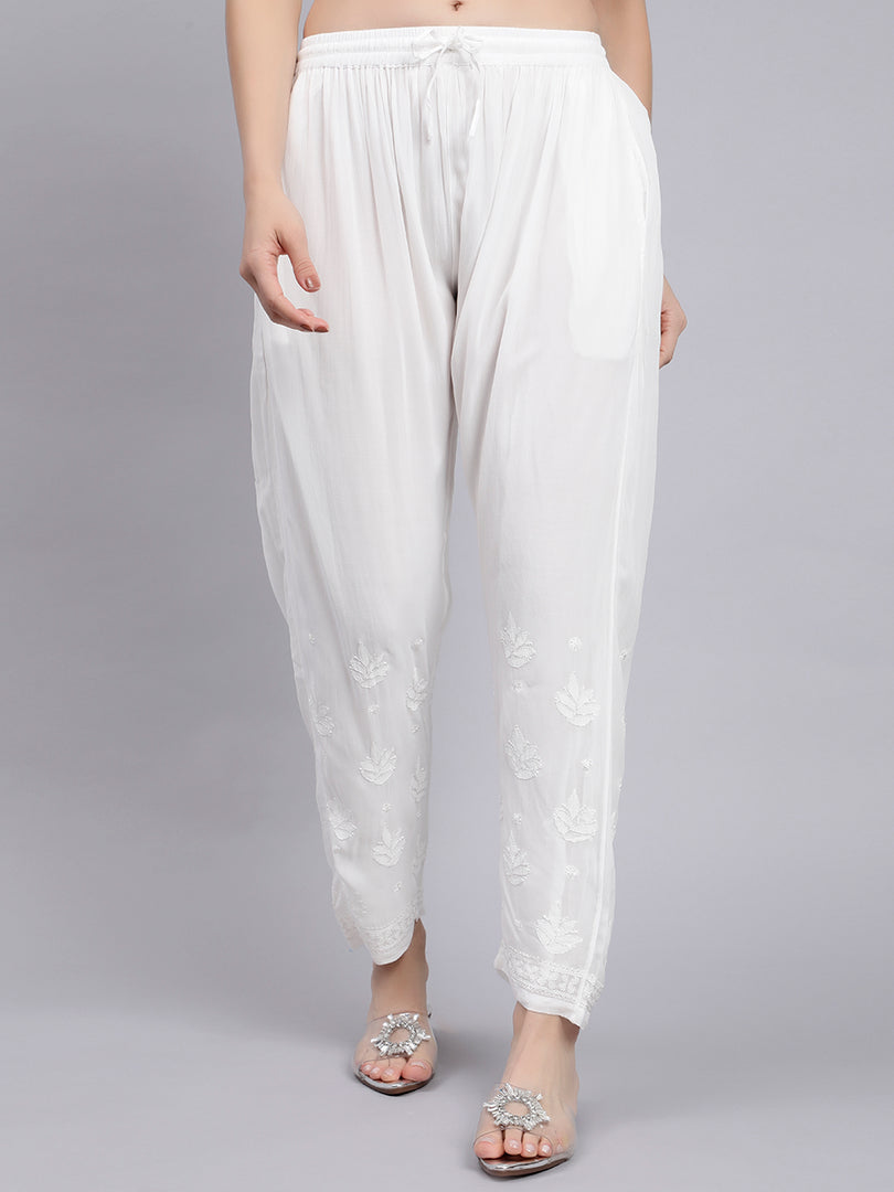 Seva Chikan Hand Embroidered Lucknowi Chikankari White Viscose Georgette Trouser Palazzo for Women SCL11027
