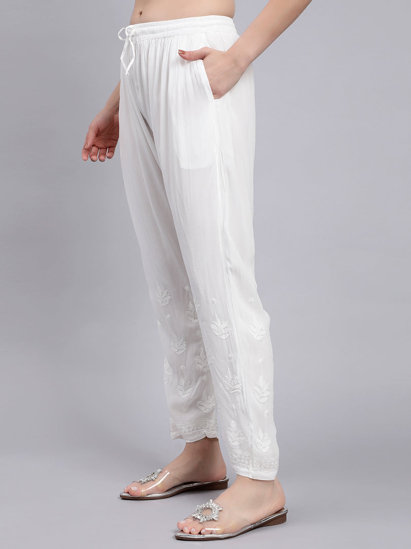 Seva Chikan Hand Embroidered Lucknowi Chikankari White Viscose Georgette Trouser Palazzo for Women SCL11027