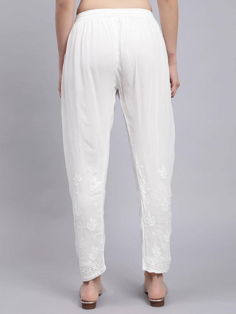 Seva Chikan Hand Embroidered Lucknowi Chikankari White Viscose Georgette Trouser Palazzo for Women SCL11027