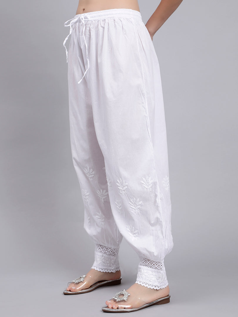 Seva Chikan Hand Embroidered Lucknowi Chikankari White Cotton Afghani Salwar for Women SCL11030