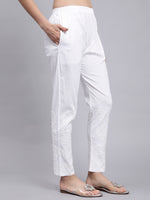 Load image into Gallery viewer, Seva Chikan Hand Embroidered Lucknowi Chikankari White Lycra Trouser Pant for Women SCL11028