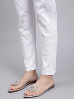 Load image into Gallery viewer, Seva Chikan Hand Embroidered Lucknowi Chikankari White Lycra Trouser Pant for Women SCL11028