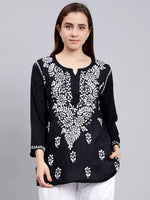 Load image into Gallery viewer, Seva Chikan Hand Embroidered Black Modal Lucknowi Chikankari Top SCL9108