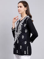 Load image into Gallery viewer, Seva Chikan Hand Embroidered Black Modal Lucknowi Chikankari Top SCL9108