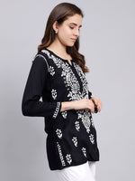 Load image into Gallery viewer, Seva Chikan Hand Embroidered Black Modal Lucknowi Chikankari Top SCL9108