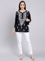 Load image into Gallery viewer, Seva Chikan Hand Embroidered Black Modal Lucknowi Chikankari Top SCL9108
