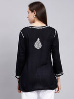 Load image into Gallery viewer, Seva Chikan Hand Embroidered Black Modal Lucknowi Chikankari Top SCL9108