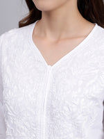 Load image into Gallery viewer, Seva Chikan Hand Embroidered Lucknowi Chikankari White Cotton Kurta and Cream Pant Set for Women SCL8033