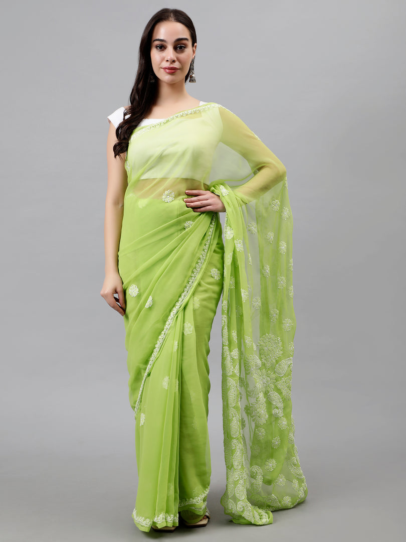 Seva Chikan Hand Embroidered Parrot Green Georgette Lucknowi Chikankari Saree- SCL6049