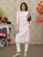 Load image into Gallery viewer, Seva Chikan Embroidered White p Pink Cotton Lucknowi Chikankari Kurta SCL4727