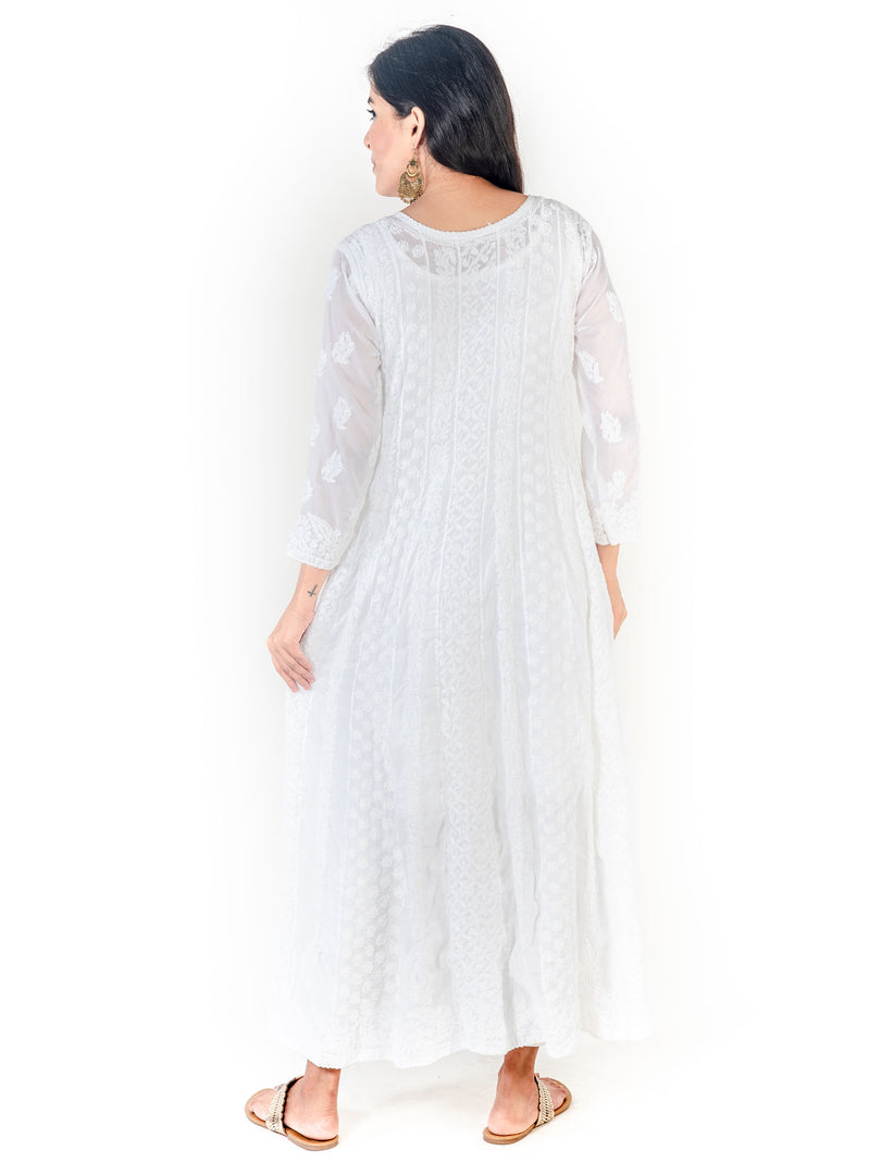 Seva Chikan Hand Embroidered White Cotton Lucknowi Chikankari Anarkali- SCL1317