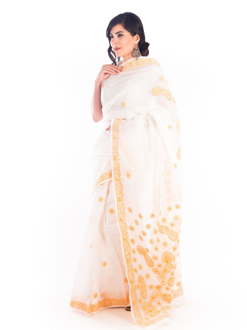 Seva Chikan Hand Embroidered White Kota Lucknowi Saree-SCL1196