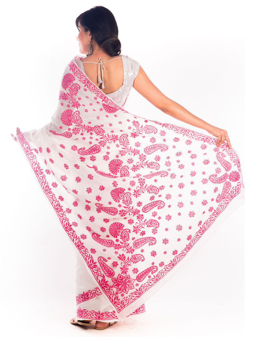 Seva Chikan Hand Embroidered White Kota Lucknowi Saree-SCL1197