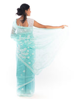 Load image into Gallery viewer, Seva Chikan Hand Embroidered Turquoise Georgette Lucknowi Saree-SCL1169
