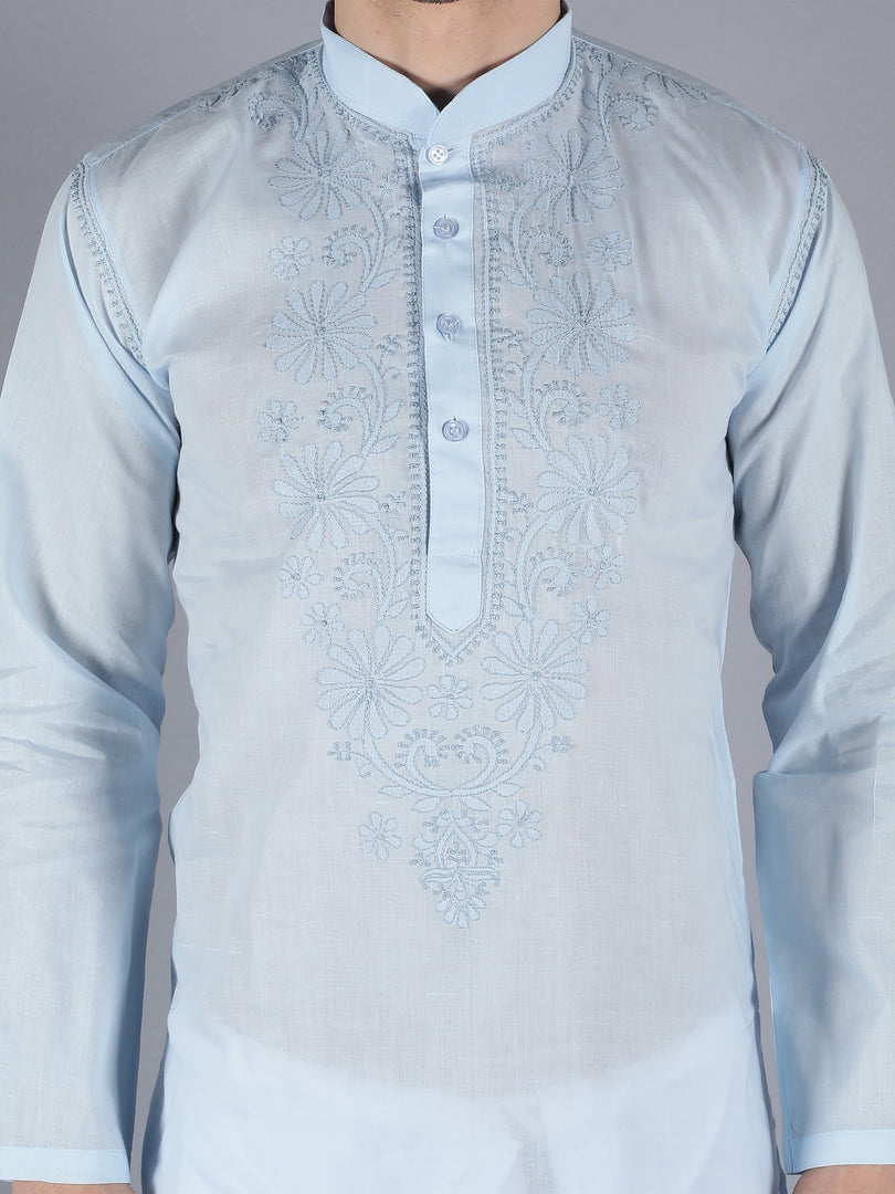 Seva Chikan Hand Embroidered  Cotton Lucknowi Chikan Mens Stitched Kurta