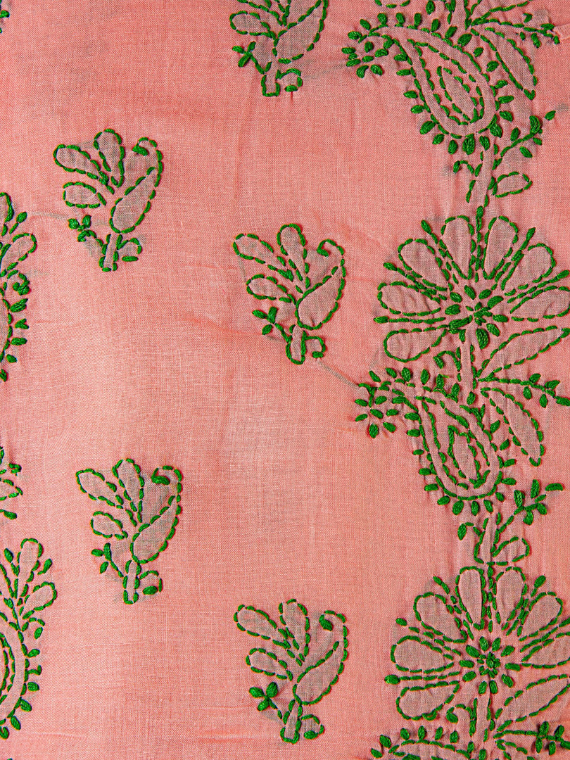 Seva Chikan Hand Embroidered Dark Peach Cotton Lucknowi Chikan Unstitched Suit Piece-SCL1511