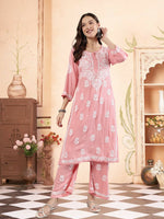 Load image into Gallery viewer, Seva Chikan Hand Embroidered Peach Rayon Lucknowi Chikankari Kurta Set SCL8046