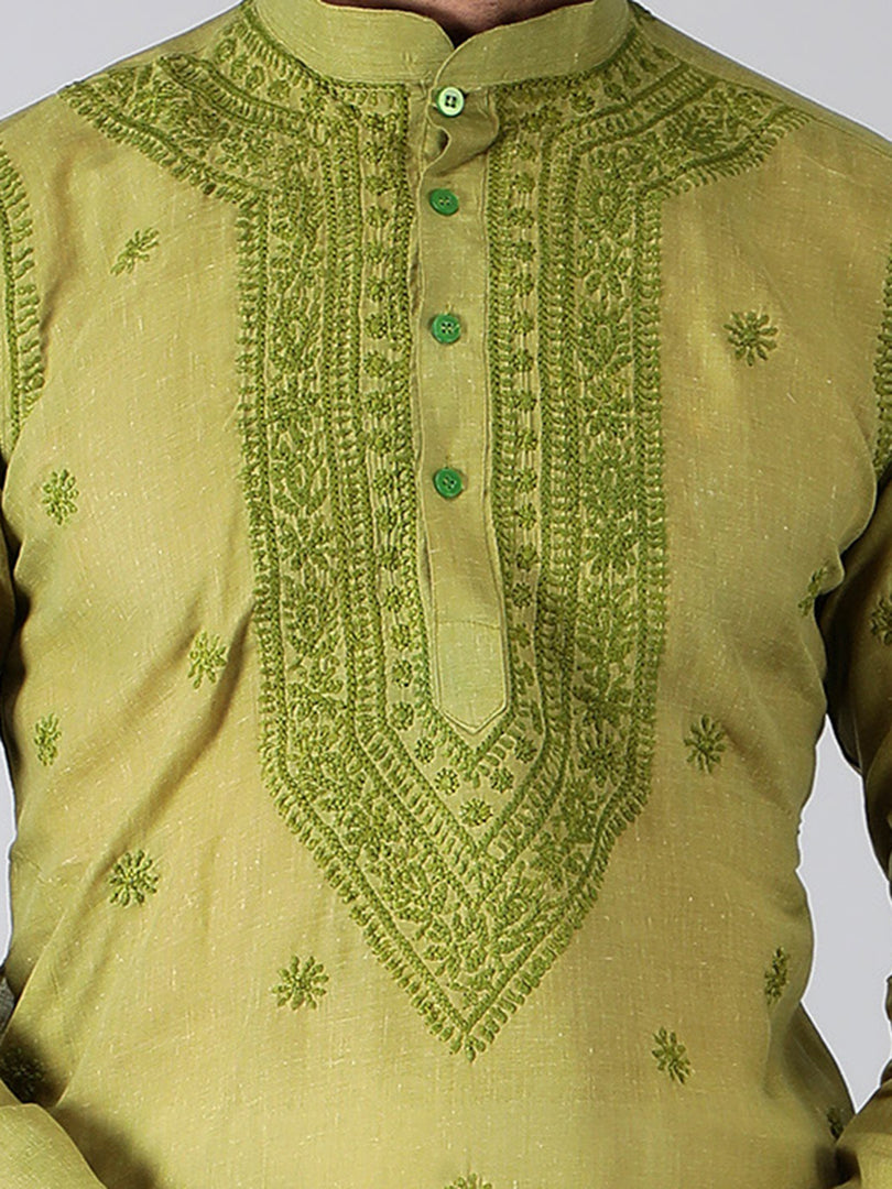 Seva Chikan Hand Embroidered Cotton Lucknowi Chikan Mens Stitched Kurta