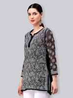 Load image into Gallery viewer, Seva Chikan Hand Embroidered Lucknowi Chikankari Black Georgette Short Top With Cotton Slip SCL9082