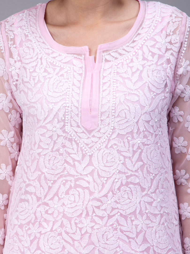 Seva Chikan Hand Embroidered Georgette Lucknowi Chikan Top With Slip