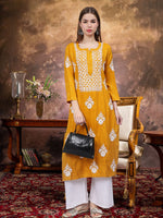 Load image into Gallery viewer, Seva Chikan Hand Embroidered Mustard Rayon Lucknowi Chikankari Kurta-SCL4588