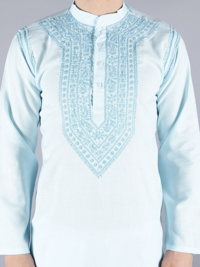 Seva Chikan Hand Embroidered Cotton Lucknowi Chikan Mens Kurta