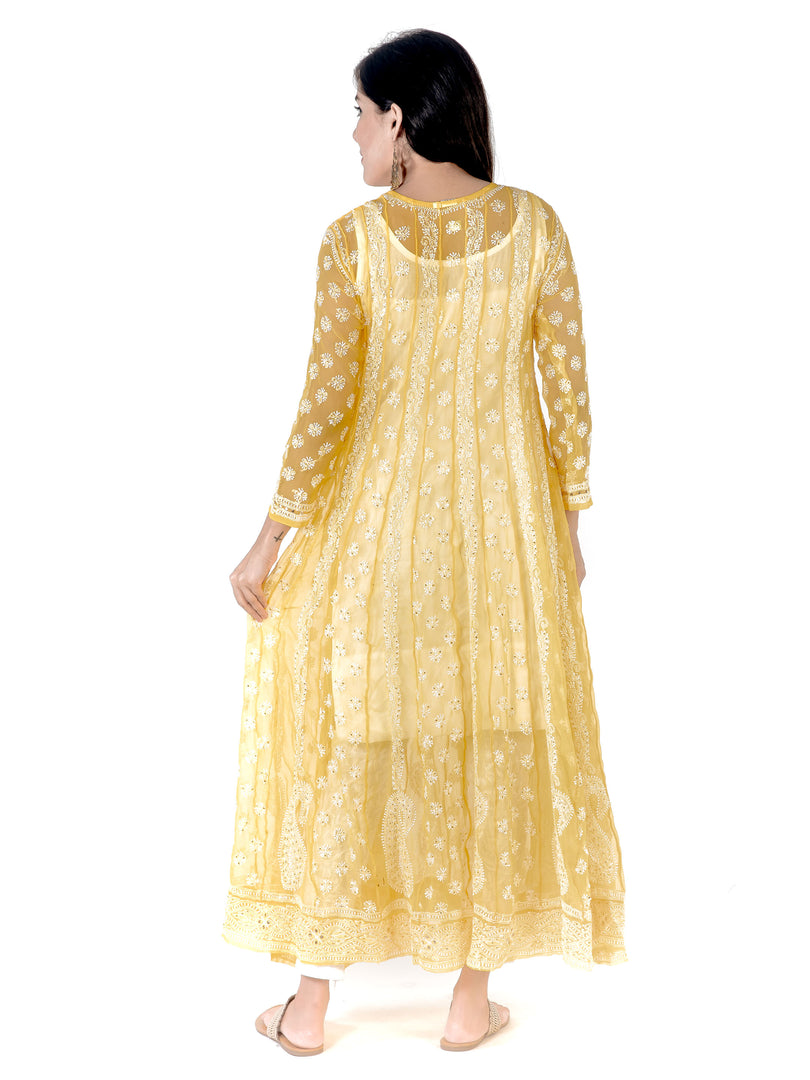 Seva Chikan Hand Embroidered Yellow Georgette Lucknowi Chikankari Anarkali-SCL1364