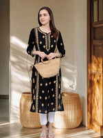 Load image into Gallery viewer, Seva Chikan Hand Embroidered Black Cotton Lucknowi Chikankari Kurta